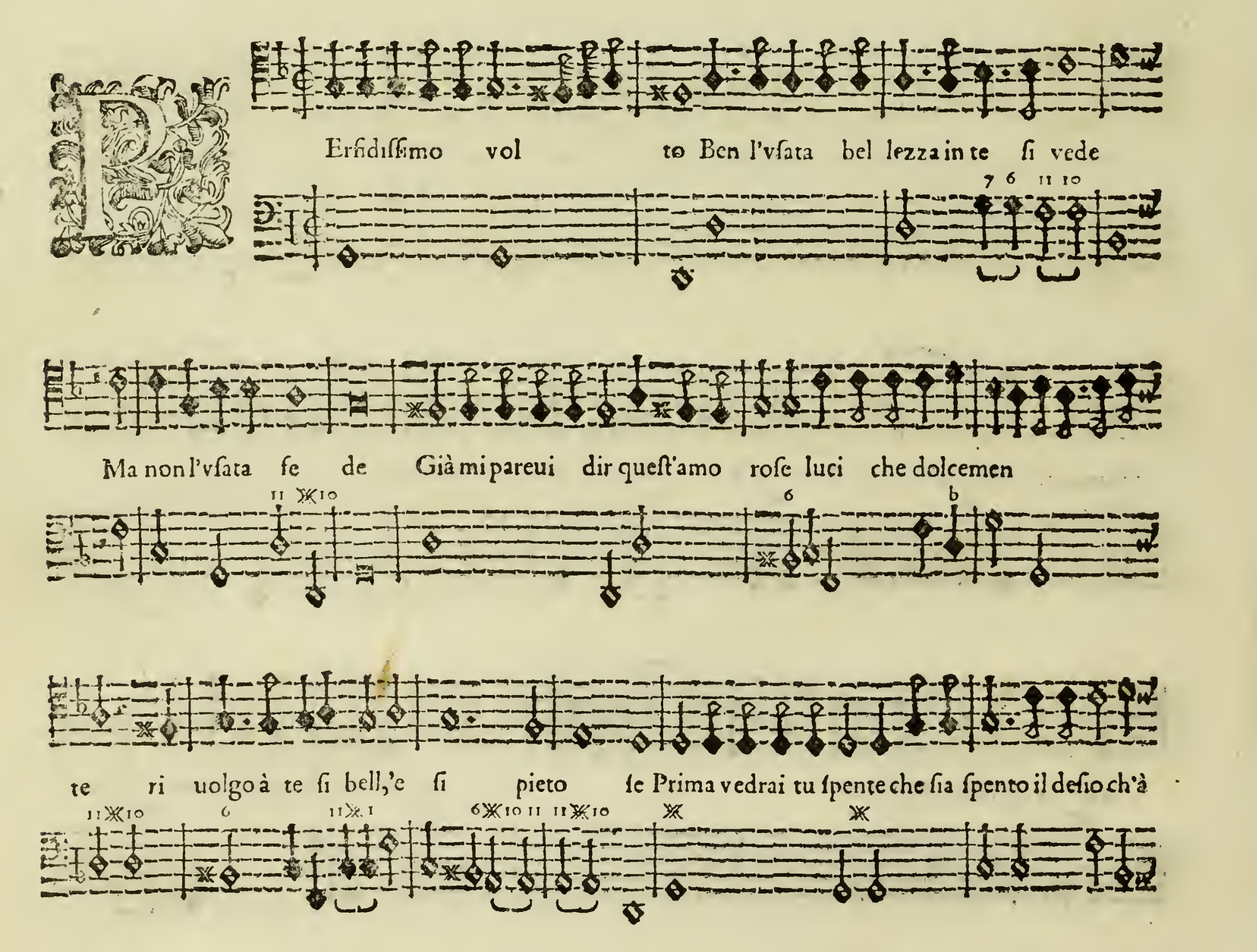 Comienzo del madrigal «Perfidissimo volto», de Giulio
    Caccini