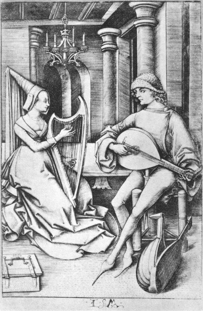 El laudista y la arpista, grabado de Israhel Meckenem, hacia 1490