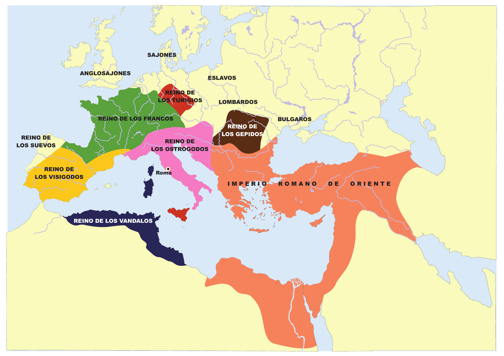 División política del Mediterráneo en torno al año 500.