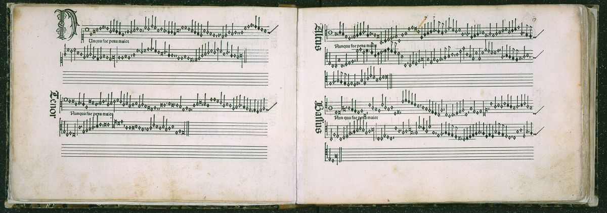 Páginas de la colección de música Odhecaton, primera obra impresa por Ottaviano Petrucci en 1501.